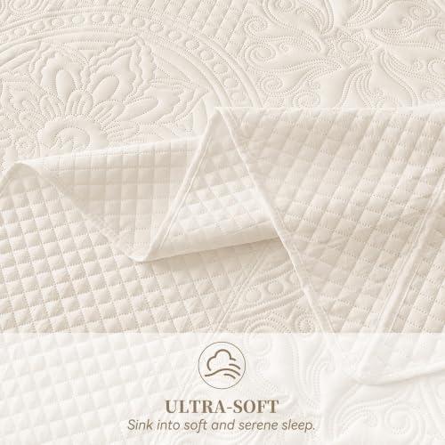 Image of Qucover Queen Bedspread Medallion Quilt Bedding Set 3 Piece Light Beige