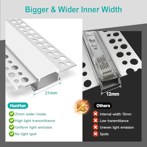 hunhun 10-Pack 6.6ft/2Meter Plaster-in, trimless recessed LED Aluminum Channel with Flange, led Channel with Clip-in Diffuser and,for Wider Such as Philips Hue (10 Pack *6.6ft) - Thumbnail 2