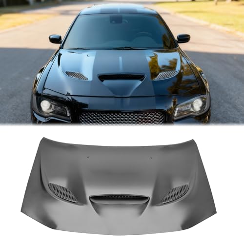 FREEMOTOR802 Front Hood Panel Fits 2011-2023 Chrysler 300, SRT Hellcat Style Black Aluminum Front Bumper Hood Bonnet Engine Cover Vent Scoop Panel Body Kit Replacement