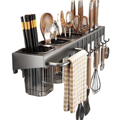 Organizador de cocina para colgar en pared para cuchillos y cubiertos con ganchos para utensilios y toallas, ahorro de espacio, resistente y fácil de instalar (gris) miniatura 1