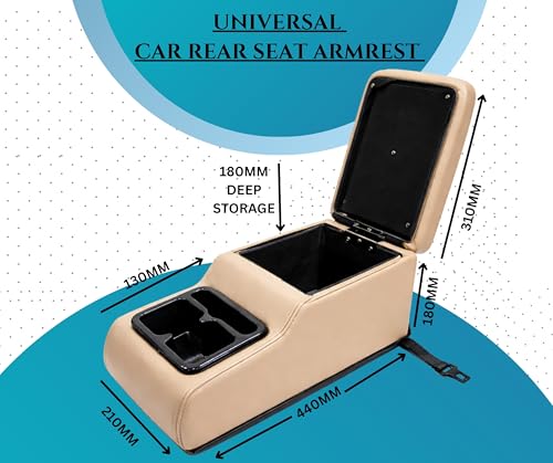 Image of PABLA Universal Premium Car Rear Seat Armrest with Memory Foam Cushion And Storage Box,Dual Cup Holders,Dual-Mount Fit (Full Beige Color)
