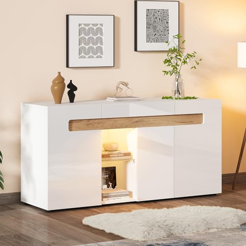 Merax Bahut avec éclairage LED, placard de cuisine avec 3 portes et étagères en verre ouvertes, buffet moderne à haut brillant, placard de rangement...