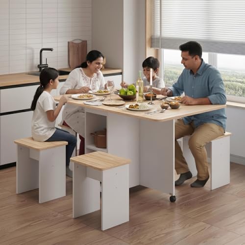 Image of TEKAVO Zydra Foldable Dining Table with 4 Chairs I Folding Space Saving Dining Table 4 Seater I Movable Furniture with 6 Wheels I White & Mile Oak I (120L x 80W x 80H CM) - DIY.