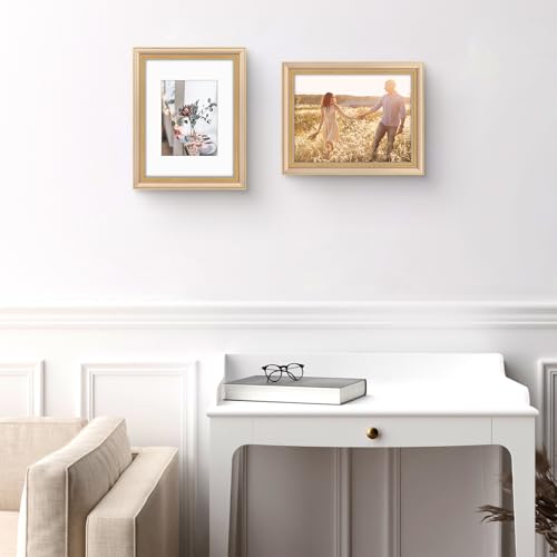 Image of Golden State Art,9x12 Ornate Picture Frame Holds 6x8 Photo,Champagne Gold | Includes real glass front,white mat,build-in hangers and buttons.Displays 6x8 photo on wall