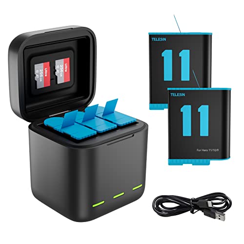 TELESIN Chargeurs de Batterie pour GoPro Hero 11/10/9, Chargeur à 3 canaux avec 2 Batteries Rechargeables pour GoPro Hero 11 10 9 Black (1 Chargeur + 2 Batteries) Cover