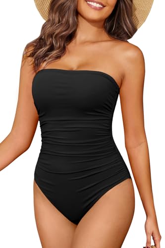 Holipick Women Black One Piece Swimsuits Tummy Control Bathing Suits Halter Strapless Bandeau Swimwear M