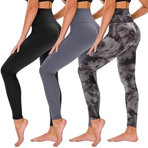 TNNZEET 3 Pack Leggings for Women - Black Tummy Control High Waisted Soft Yoga Pants for Workout Gym Running with Pockets Small-Medium Black/ Grey Tie-dye-a/ Grey