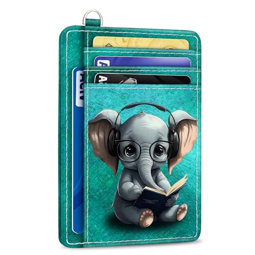 Credit Card Holder Slim Wallet, Elephant RFID Wallet Women Front Pocket Small Card Holder, Travel Cute Funny Thin Card Case ID Window PU Leather RFID Blocking Card Organizer Gift Girl Ladies