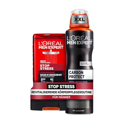 L'Oréal Men Expert revitalisierendes Körperpflegeset für Männer, Mit XXL Deospray und Duschgel, Set für Herren mit aromatischem Duft und Karbon, Carbon Protect, Stop Stress, 2-teilig