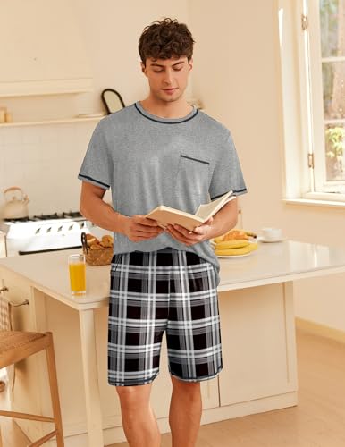 Image of Ekouaer Men's Pajamas Set Casual Short Sleeve Shirts and Shorts Soft 2 Piece Loungewear With Pockets