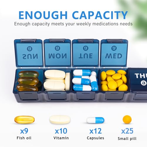 Image of 2-Pack Weekly Large Pill Organizer for Travel, 7 Day Pill Boxes and Organizer, Big Compartments Pill Case AM PM,14 Day XL Medication Organizer Dispenser for Fish Oils, Vitamin Holder Supplement