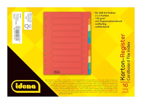 Idena 90267 - Karton-Register für DIN A4 Dokumente, 22,5 x 30 cm, 30 vollfarbige Trennblätter in 10 Farben, 150g/m², Organizer mit Eurolochung und Organisationsdruck