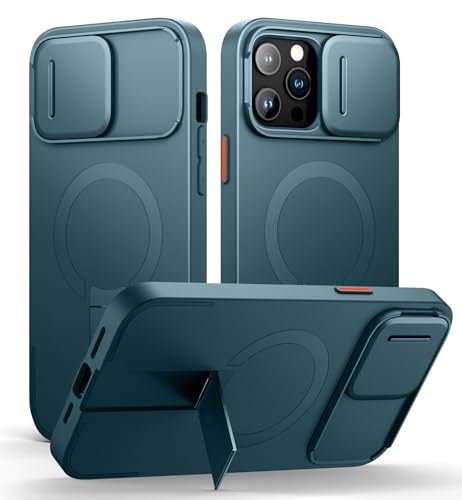Image of SURITCH for iPhone 13 Pro Max /12 Pro Max Case with Magnetic Camera Slide Cover and Adjustable Kickstand, Compatible with MagSafe, Shockproof Bumper Case Slim Protective Cover 6.7 Inch, Lake Green