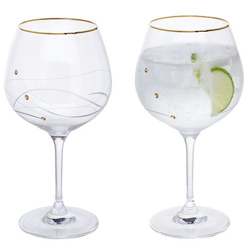 Personalizable Dartington dorado Glitz par de copa de Gin & Tonic con cristales y dorado borde – añadir su propio mensaje