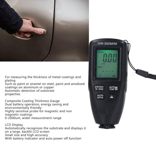 Image of Zunate Coating Thickness Gauge 0-2000m, High Accuracy Digital Paint Meter with LCD Backlight, Auto Calibration for Car, Metal, Manufacturing (Black)