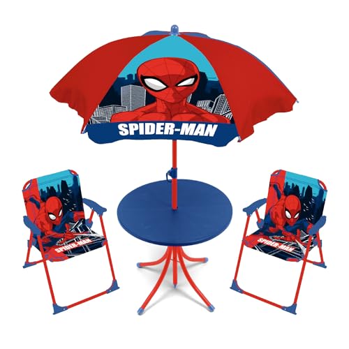 ARDITEX SM15950 Marvel-Spiderman Set de Table (50 x 50 x 48 cm), 2 chaises (38 x 32 x 53 cm) et Parasol (diamètre 110 cm)