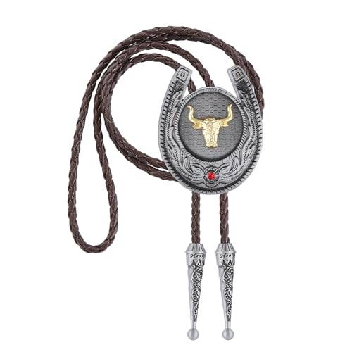 Image of Jeilwiy Bolo Tie for Men, Western Cowboy Golden Longhorn Bull Eagle Horse Cowboy Hat Bolo Necklace Leather Necktie for Women