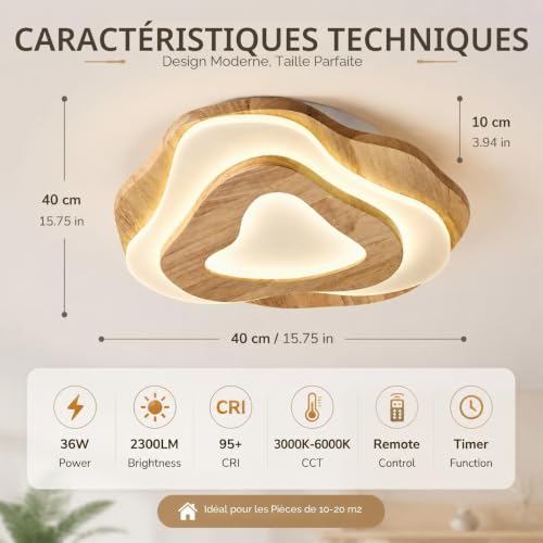 Plafonnier LED bois dimmable 35W avec télécommande pour salon