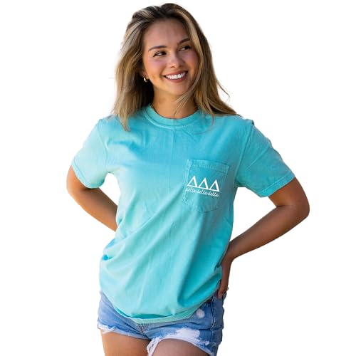 Go Greek Chic Delta Delta Delta Script Letters Shirt | Sorority Pocket Tee Mint