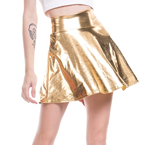 JOINFUN Women's Shiny Liquid Metallic Wet Look Pleated Stretchy Flared Mini Skater Skirt