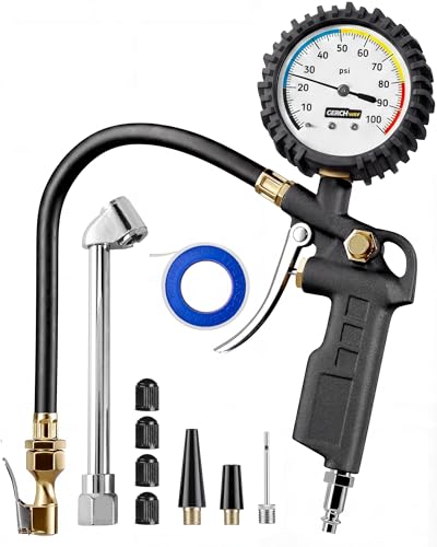Gonflateur de pneus avec jauge de pression – Cadran large, pivotant Air Chuck avec Gauge et Air Accessoires pour compresseur – 100 PSI