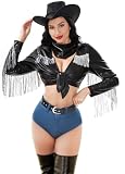 Funna Cowgirl Costume for Women 5 Piece Halloween Outfit with Hat Bandana Belt Black, Medium