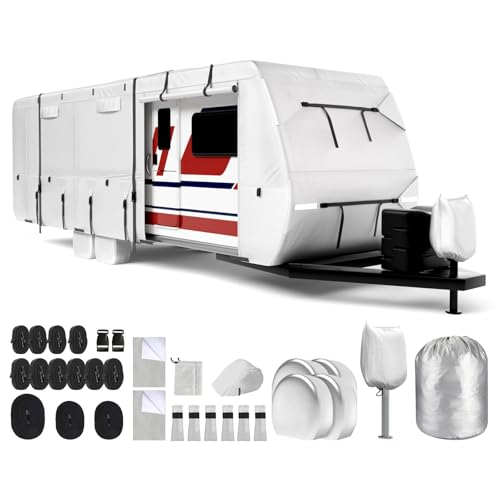 Mofeez Oxford Fabric Travel Trailer RV Cover, Camper Cover with 420D Oxford for The Top, 24'-27' Tearproof Waterproof Windproof Travel Trailer Cover with 4 Tire Covers, Jack Cover and Zippered Doors