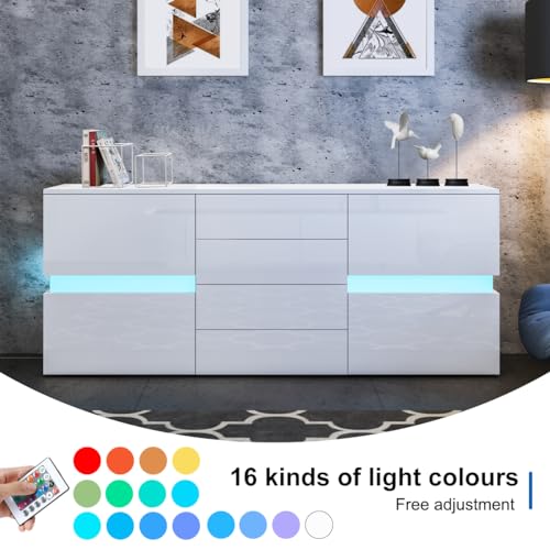 High Gloss Modern Sideboard Cabinet for Living Room - 2 Doors, 4 Drawers with LED Lights (White) - Image 5
