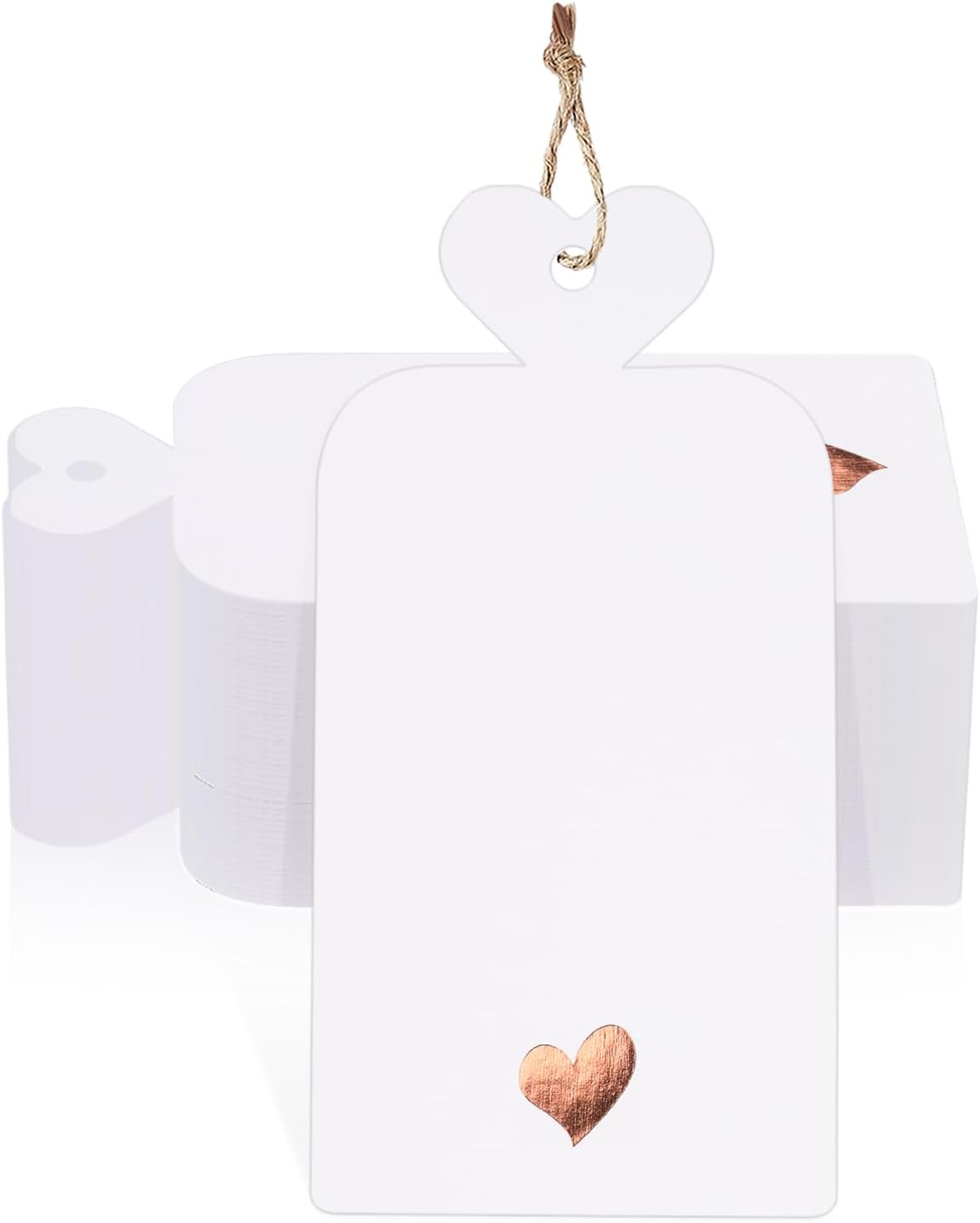 jijAcraft 100 Pack Blank Gift Tags with String & Foil Rose Gold Hearts - 4x2 Inch White Writable Hanging Tags for Weddings, Birthdays, Baby Showers