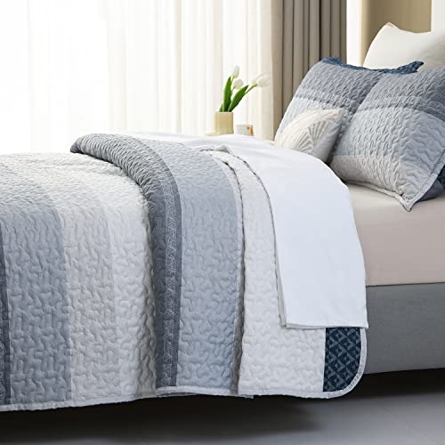 Durlengen Quilt Set California King Size 3Pcs, Blue & Navy Striped Patchwork Pattern All Season Lightweight Coverlet Sets(Cal King 112X104, Blue Patchwork) #TOP2