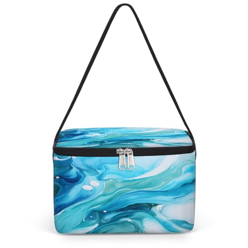 GzLeyigou Liquid Texture Blue Lunch Bags for Women Men 9 Cans, Hot & Cold Food Delivery Bag Insulated Grocery Bag Insulated Lunch Box Marbling Pattern Cooler Bag for Office Work Picnic Beach