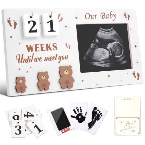 DACO MIN Baby Sonogram Picture Frame with Countdown Weeks 4x3 Ultrasound Photo Frame with Inkless Handprint Kit Bear Pregnancy Announcement Gift for Expecting Mom Dad Grandparents Reveal (Brown)