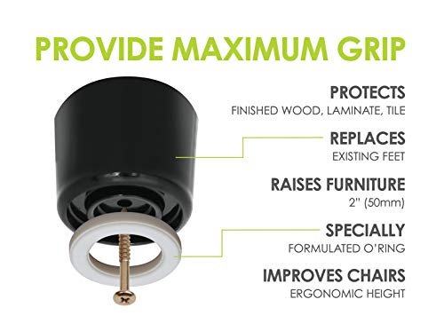 Slipstick 2 Inch Non Slip Furniture Legs (8 Pack) Screw In Floor Protector Feet (2" Tall X 2" Wide) Black Plastic With Rubber Gripper Feet #TOP5