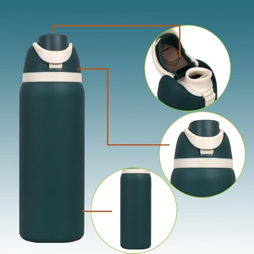 Image of FreeSip Gym Water Bottle with Straw & Chug Lid - Leak Proof Push Button Opening, BPA Free, Large Capacity Sports Bottle with Carry Handle (Dark Green, 960 ML)