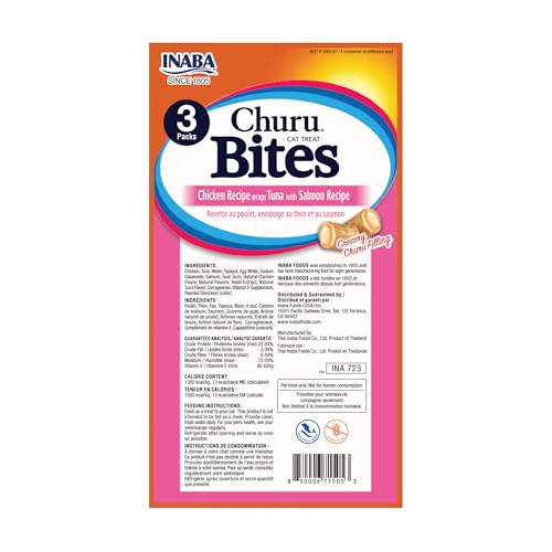 Image of INABA Churu Bites for Cats, Soft /Chewy Baked Chicken Wrapped Churu Filled Cat Treats with Vitamin E, 0.35 Ounces per Tube, (3 Tubes per Pack), Tuna with Salmon Recipe, (Pack of 48)