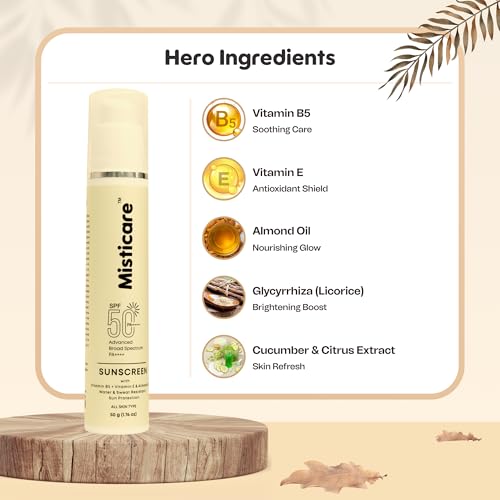 Image of Sunscreen SPF 50 PA++++ with Vitamin B5, Vitamin E & Almond Oil Broad Spectrum UVA /UVB Protection No White Cast Water & Sweat Resistant Lightweight & Non-Greasy For All Skin Types Men & Women - 50g