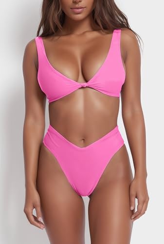 Image of geluboao Bikini Set for Women Solid V Neck Knot Front Push Up High Leg Thong Two Piece Swimsuit