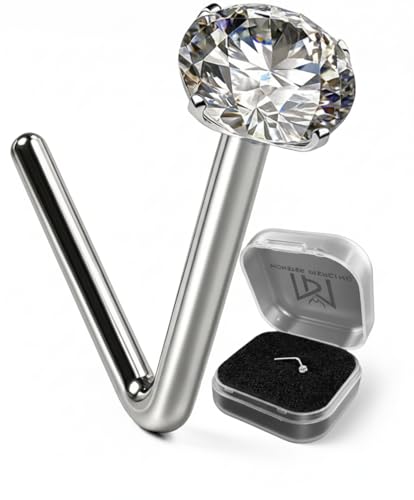 9k oro bianco del forcone 2,5 millimetri rotonda pietra CZ 22 Gauge L Bend naso Stud Piercing