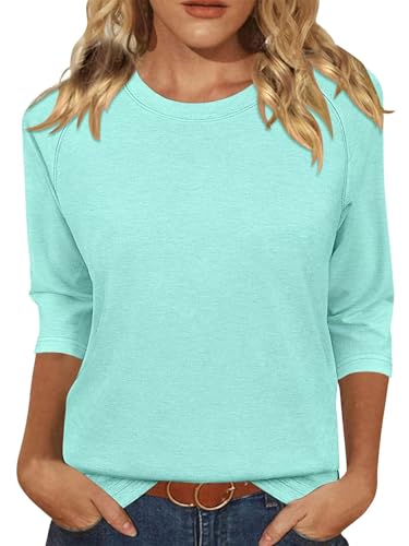 KISSMODA Tunic Tops for Women Loose Fit Dressy Round Neck Pleated 3/4 Length Sleeve Spring Tops