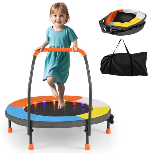 COSTWAY Ø90 cm Kindertrampolin mit LED Beleuchtung, Mini Trampolin...
