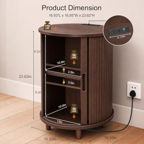 Image of DHH Round End Table with Storage & Charging Station, Fluted Accent Side Table with Sliding Door & Adjustable Shelf, Mid-Century Nightstand for Small Spaces, Living Room, Bedroom (1, Walnut)