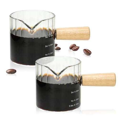 Steviieden Espresso Cups Set of 2, 4 OZ Espresso Shot Glass with Handle V-Shaped Mouth, Ribbed Milk Frothing Pitcher, Glass Measuring Cup,Cappuccino Cup, Coffee Bar Accessories (Clear)