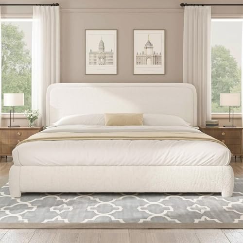 Image of BarnFurin King Bed Frame and Headboard, Cloud Boucle Upholstered Platform Bed Frame, Modern Style, Soft Rounded Corners, No Box Spring Required, Easy Assembly, Beige