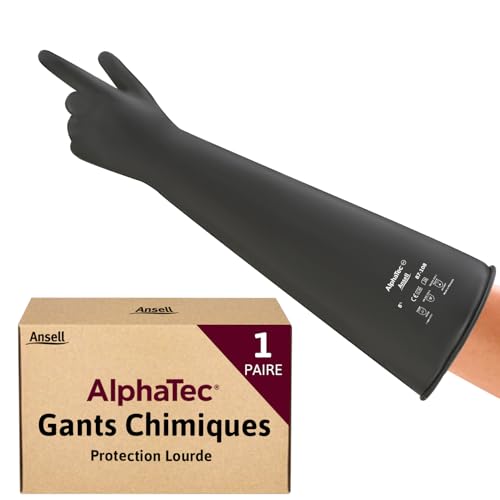 Ansell AlphaTec 87-108 Gants de Protection Chimique en Latex, avec Manchette Longue (61cm), Très Résistants à l'Abrasion et Réutilisables, Sécurité Industrielle, Noir, Taille L (1 Paire)