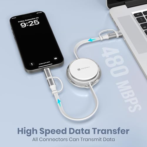 Image of Portronics 60W Quadline 4-In-1 Multifunctional Fast Charging Retractable Cable With Multiple Port & Strong Heads, Strong, Type C, Lightening, USB A, Fast Data Sync, 1M Cable Length (White)