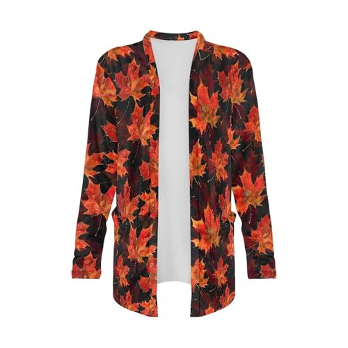 Image of Fall Maple Leaf Cardigan Sweaters for Women Long Sleeve Cardigan Soft Drape Open Front Dusters V-Neck Jackets Dressy