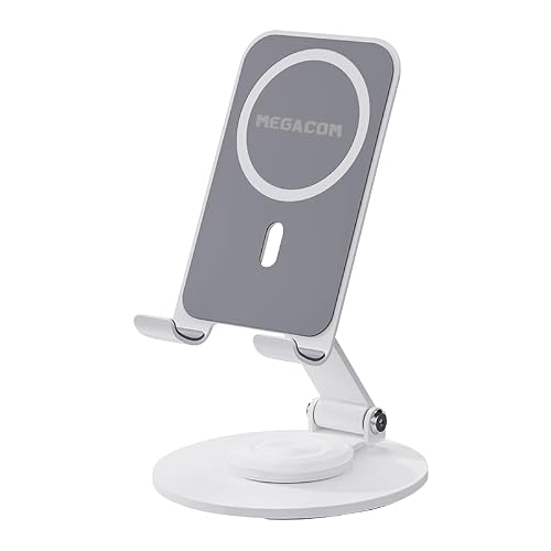 megacom Adjustable Phone Stand, 360° Rotatable, Foldable, Magnetic Holder (White)