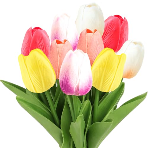 MQIAN 10pcs Fleurs Artificielles Tulipe, Bouquet de Fleurs Artificielles, Deco Printemps pour Mariage Maison Jardin (Multicolore)