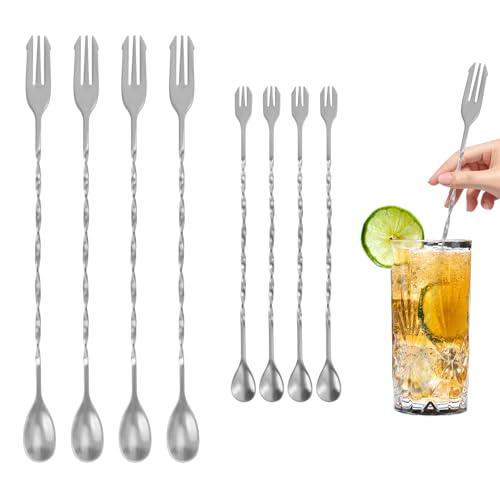 Diakey 8 cucharas de bar agitadores de cóctel para mezclar bebidas, 26 cm + 32 cm, acero inoxidable SUS304, mango largo en espiral, cucharas agitadoras con punta tridente, color plateado
