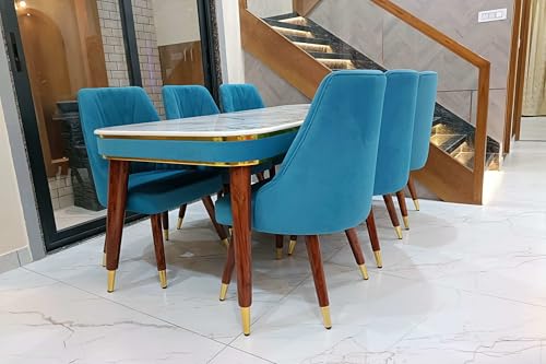 Image of WOODEN SPACE 6-Seater Wooden Dining Table Set | Nano Composite Marble Top | Solid Wood Base | Modern Dining Room Furniture with 6 Chairs (Blue)